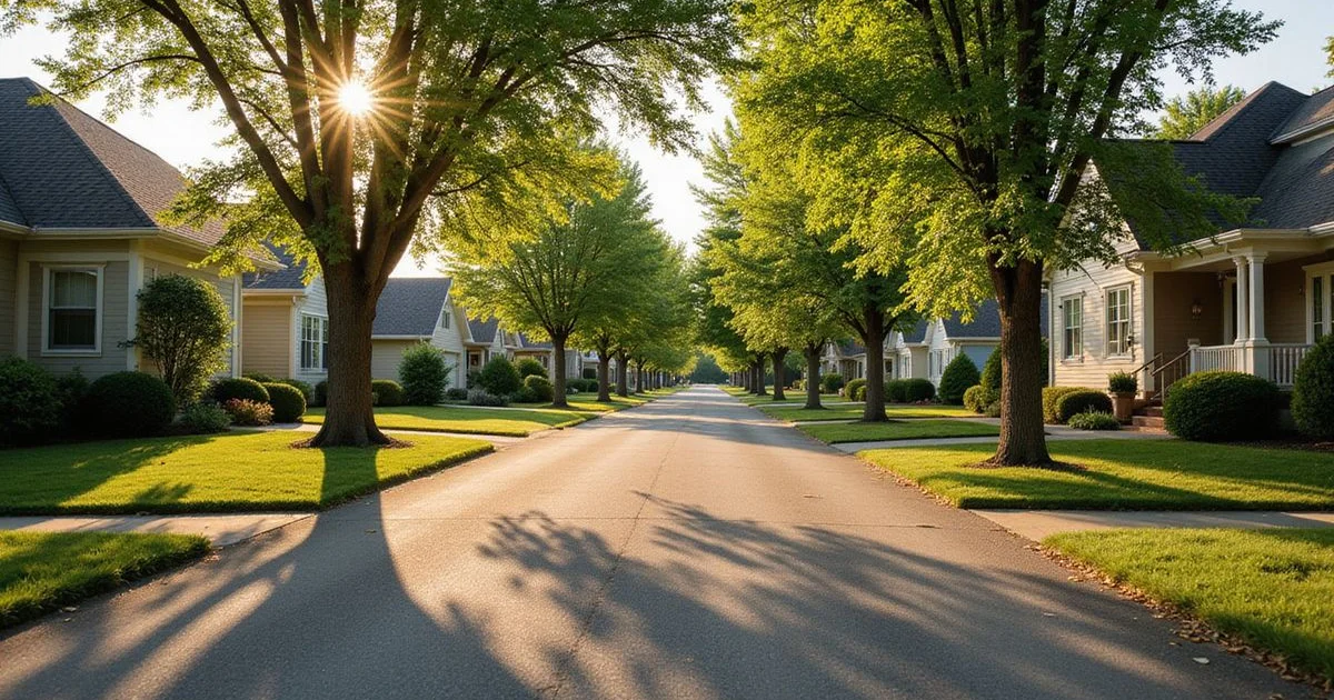 Tree-lined Mankato residential street with well-kept homes in late summer light