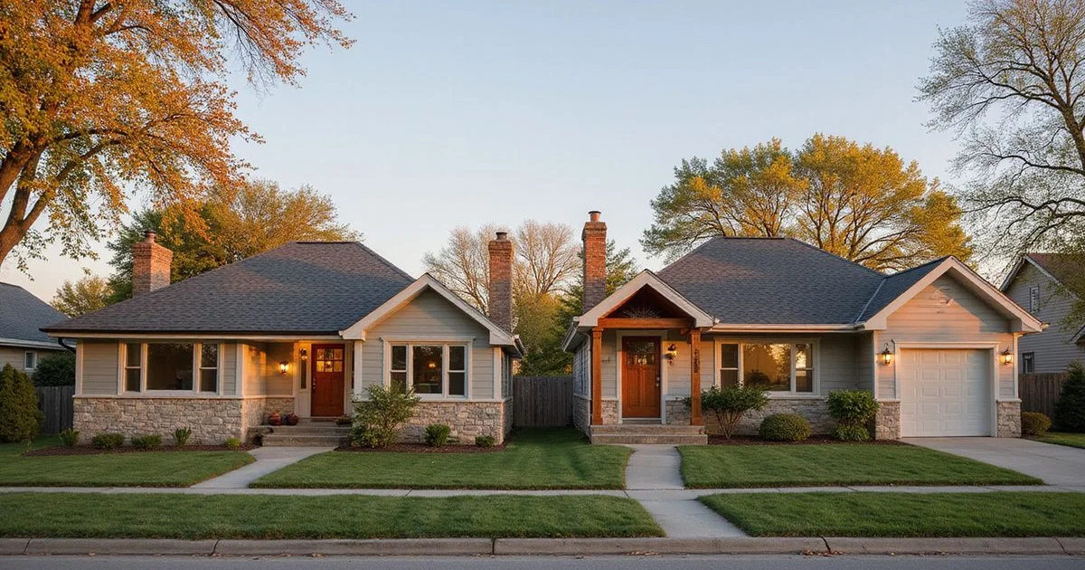 Two similar Mankato ranch homes side by side on a quiet street at golden hour