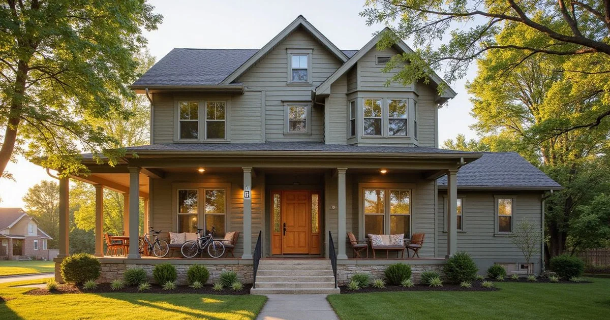 Two-story rental house near a college campus in Mankato with bikes on the porch, golden hour
