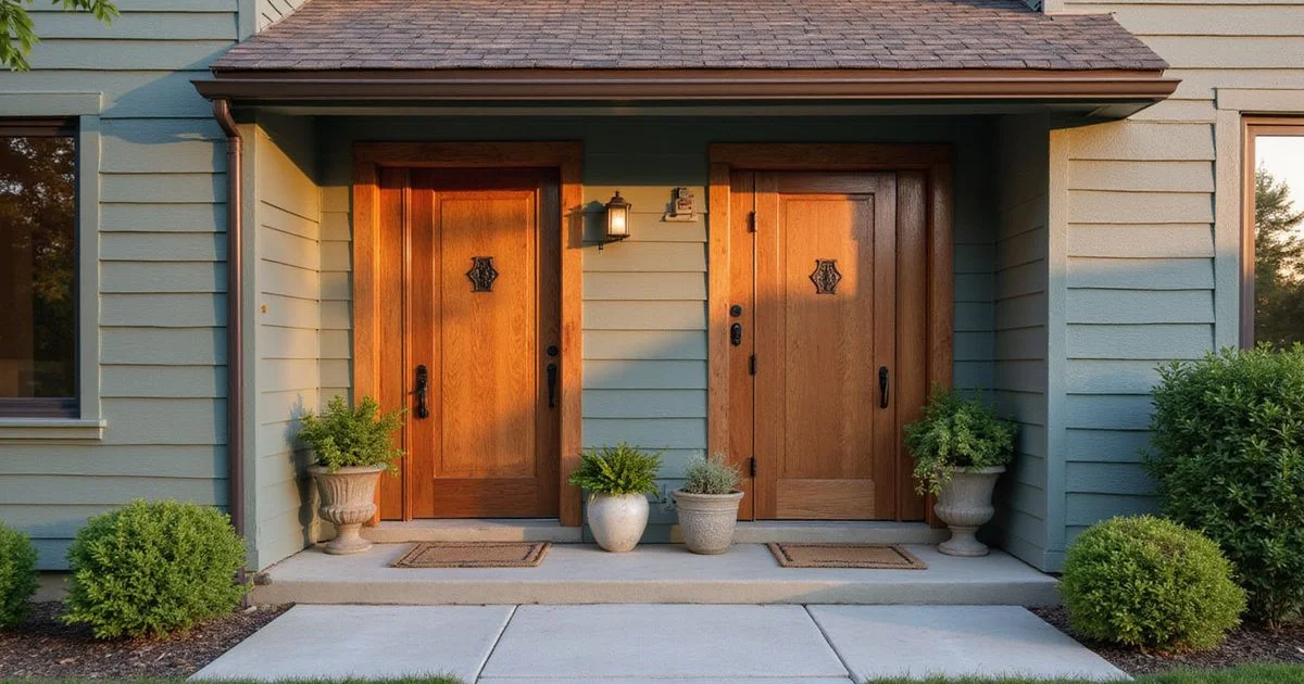 Well-kept duplex in Mankato with two front doors at golden hour