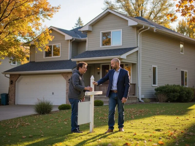 Realtor placing a for-sale sign in front of a split-level home in southern Minnesota