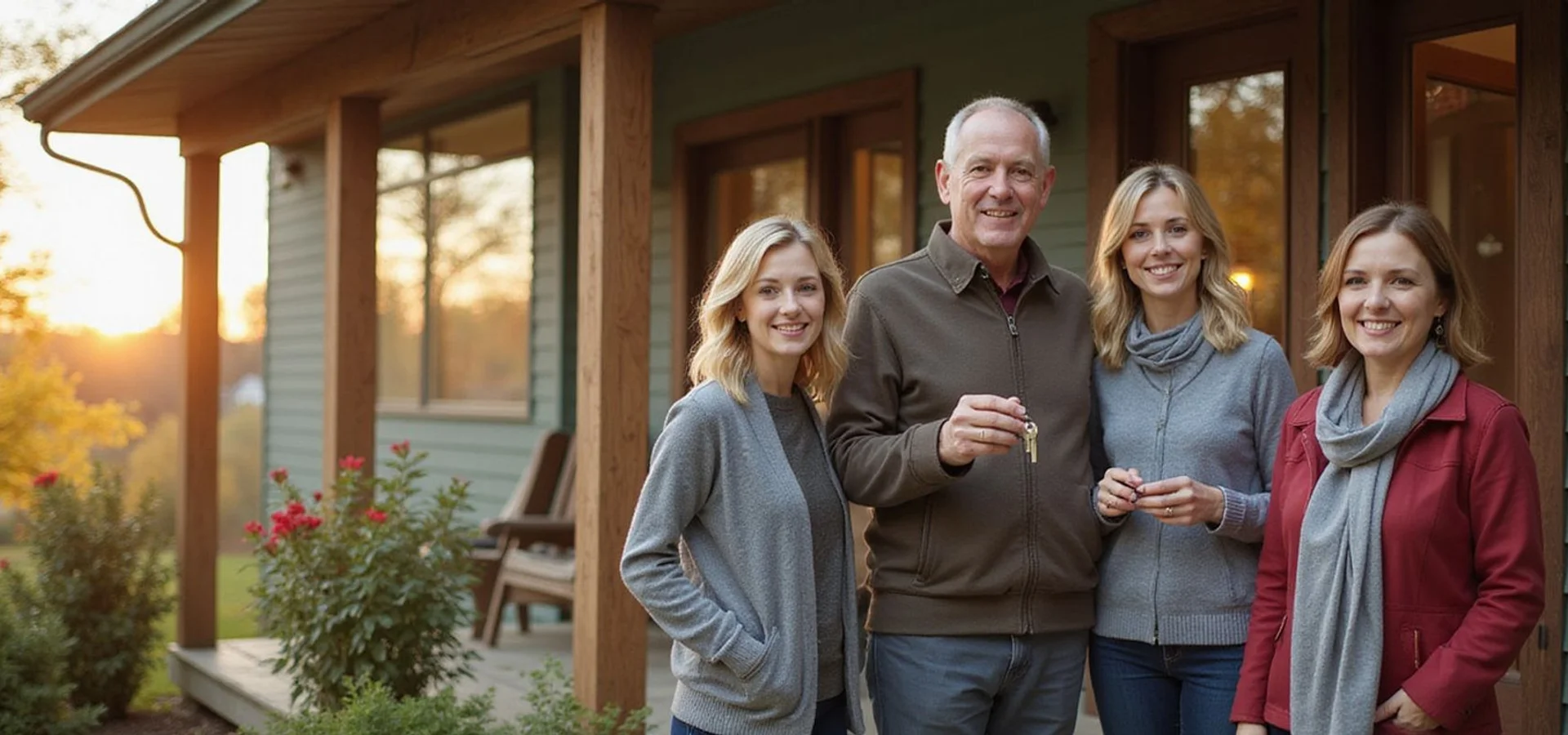 Adult siblings on the porch of their late parents' Minnesota home holding the house keys