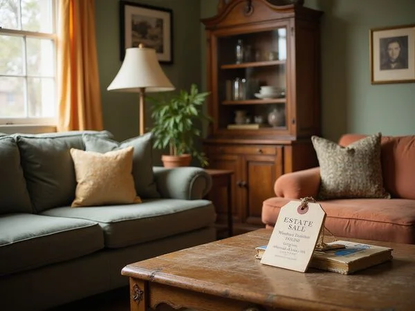 Estate sale tags on furniture in an older home