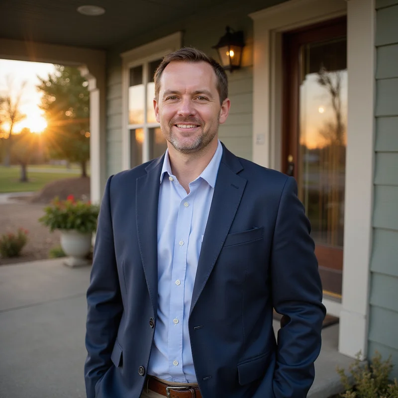 Ryan Quade, Realtor with Coldwell Banker, on the porch of a Mankato home