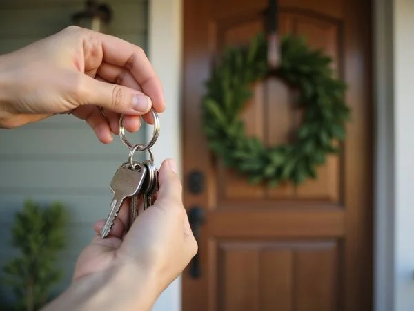 New house keys in front of a front door