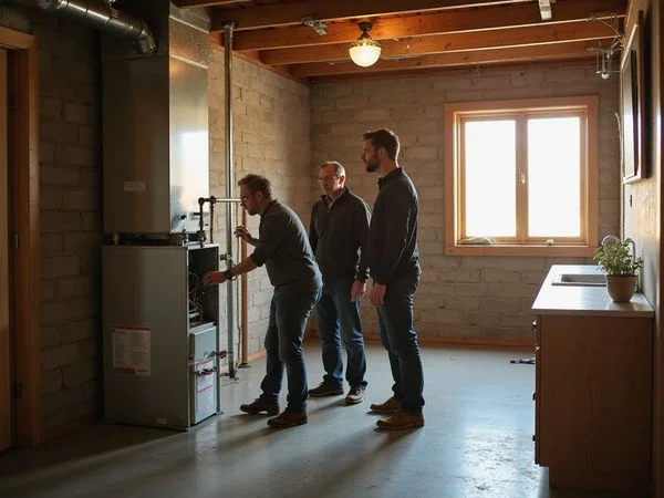 Home inspector checking a furnace for buyers