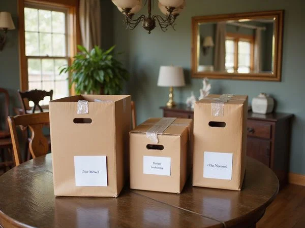 Keepsakes sorted into labeled boxes during an estate clean-out