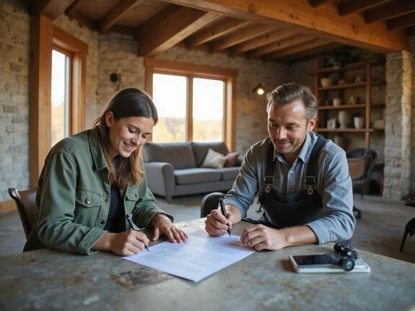 Contractor writing a repair estimate in an older basement