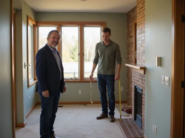 Realtor measuring a finished lower-level room during a walkthrough