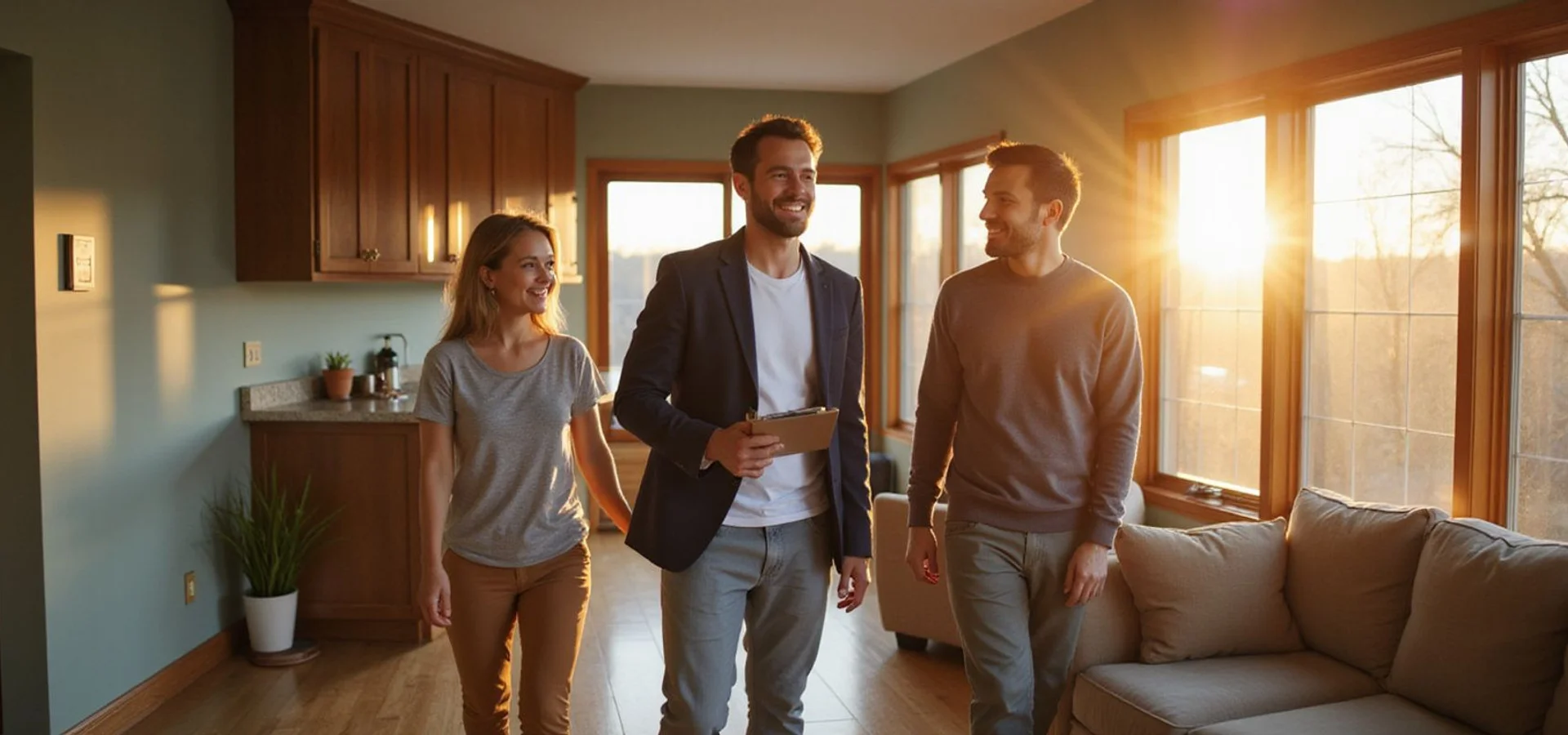 Ryan Quade walking through a Mankato living room with the homeowners during a home value walkthrough
